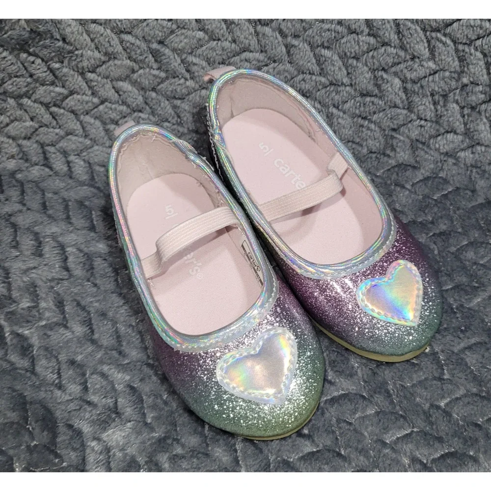 Carters Lula Rainbow Glitter Ballet Flats Pink Silver Holographic Heart Size 5